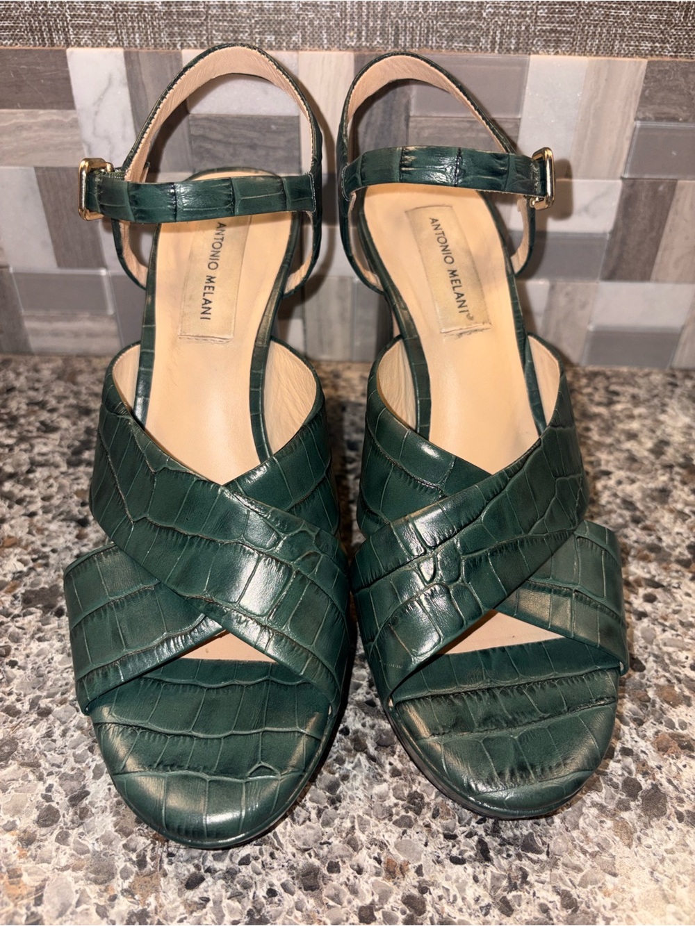 ANTONIO MELANI Dark Green Croc-Embossed Strappy Sandals